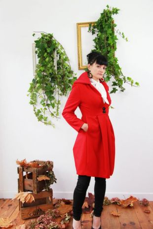 Manteau en laine rouge femme, manteau grand col, manteau femme, manteau rouge