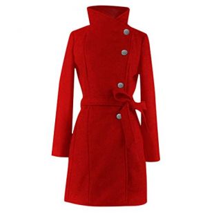 Women's High Neck Coat Wool Blend Long Coat Trench Jacket with Belt Red