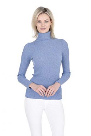 100% Pure Cashmere Classic Knit Soft Long Sleeve Ribbed Turtleneck Pullover Sweater (Baby Blue, X-Large)