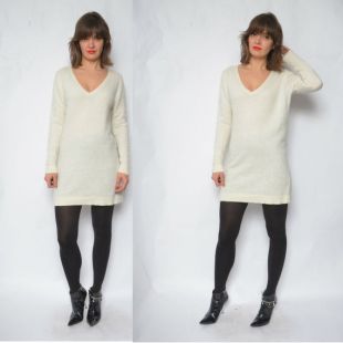 Robe pull d'hiver en laine Sweater Dress / vintage 90s Angora Long Sleeve V-Neck Winter Pullover - Taille Petite