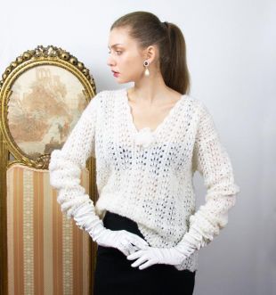 Vintage White Wool Sweater, Crochet V-Neck Pullover Jumper