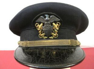 WWII US Navy USN Officer's Visor Service Cap or Hat w/ Leather Brim