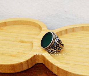 Bague artisanale Mens, bague turque d’argent fait main, anneau d’hommes ottomans, pierre verte d’Agate, cadeau d’anniversaire, anneau d’argent de 925k Sterling