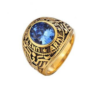 US Army Guard Ring Casting Diamond Green/Blue/Black Stones 18K Gold Ring,Blue,Size 10