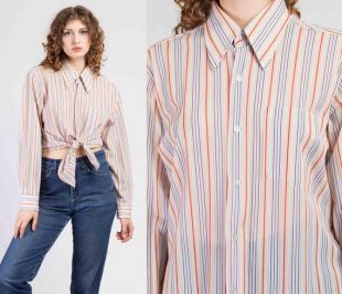 70s Sir Walter Retro Striped Top - Hommes Medium (fr) vintage Unisex Red White Long Sleeve Button Up Shirt