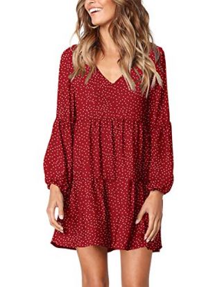 Long Sleeve Casual V Neck Loose Swing Tunic Dress Dot Red