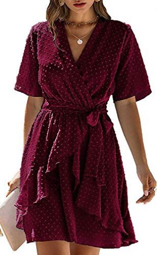 Summer V Neck Chiffon Loose Casual Ruffle Polka Dot Party Short Dresses Red Wine