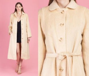 Manteau de laine Moggy Shaggy ceinture des années 70 - Petit | vintage Cream Button Up Long Winter Jacket