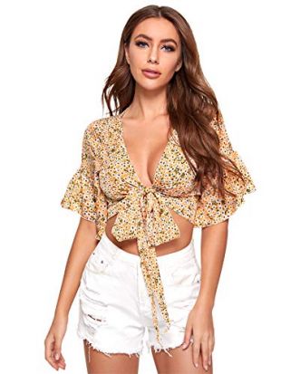 Floral Crop Top Blouse Short Flounce Sleeve V Neck Knot Front Tube Top Yellow 2 Small