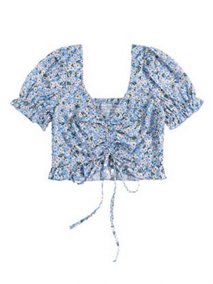 sweatyrocks - Summer Floral Puff Drawstring Front Short Sleeve Crop ...