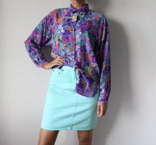 Chemisier imprimé Floral coloré des années 90 chemise Hipster impression abstraite chemise multicolore violet vert Orange jaune Blouse manches longues femmes