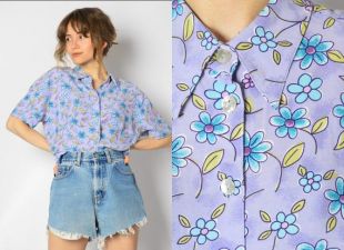 vintage 90s Pastel Purple Flower Shirt Womens Blouse Taille Petite