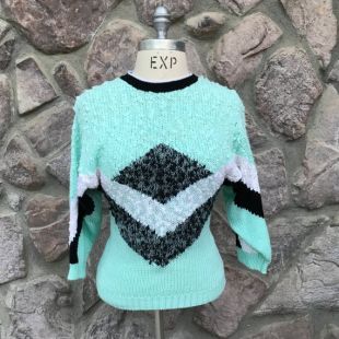Vintage 80s East Hollow Road Sweater / Menthe Green, Noir - White New Wave Pullover / 100% ACrylic Knit / Women's Size Small