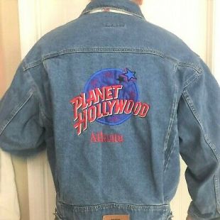 Vintage Planet Hollywood Atlanta 2XL Denim Jean Jacket Embroidered 6 pocket Coat