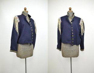 1960s Navy Blue Military Leather Fringe Native American Cropped Jacket Coat// Western Rocker Civil War Unisex Steampunk// Taille moyenne/grande