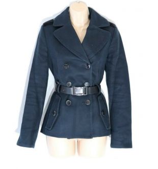 Vintage Femmes MNG MANGO Hip Fitted Black Blue Thick Cotton Military Jacket Coat Size UK10 UK12 / Pit To Pit 18.5 in