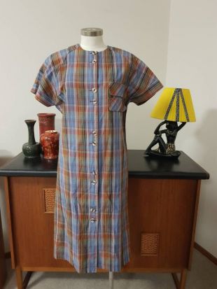 1980s mélange de lin vérifier plaid robe de jour Harvest étiquette épaulettes taille 10 buste 104cm