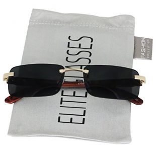 Elite Slim Rimless Rectangular Metal & Wood Art Aviator Sunglasses (Black)