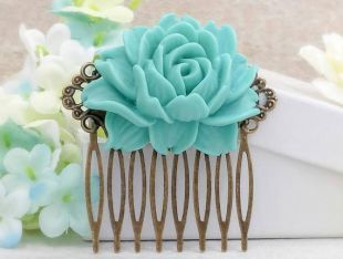 Teal Flower Comb Ocean Teal Rose Hair Comb Turquoise Blue Floral Hair Accessoire Antiqued Brass Filigree Collage Comb Mermaid Beach Mariage