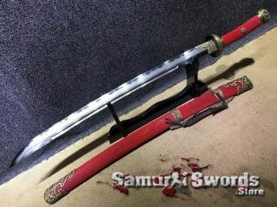 T10 Chinois Dao Sword, Real Chinois Dao à vendre avec Red Ray Skin Scabbard, Clay Tempered Steel Chinese Sword