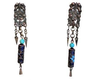 Boucles d’oreilles antiques d’émail chinois et de perles turquoise