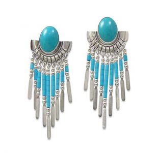 Native American Silver Turquoise Concho Post Dangle Fringe Earrings