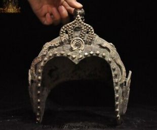 Antique Chinese Dynasty Bronze ware Silver Generals warrior Hard hat cap helmet
