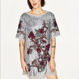 Silver Sequin Floral Embroidered Dress