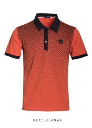 Nouveau Mens Medium Caviar Dremes Short Sleeve Polo Shirt Slim Fit Orange With Black Fade Polka Dot Pattern Cotton Stretch Fabric