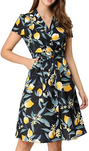 Lemon Print Button Down Pockets Tie Waist Shirt Dress