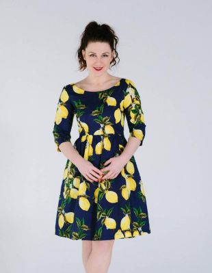 Robe d'impression de citron, robe florale, robe de modèle de cru, robe de midi, robe de coton, robe de cou de bateau, robe d'occasion, hiver d'automne, demoiselles d'honneur