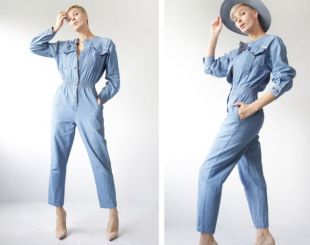 80s vintage bleu denim à manches longues ensembles salopettes S