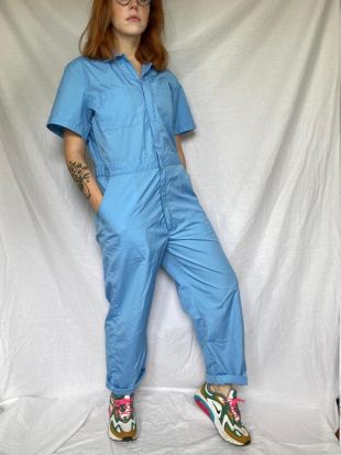 90's sz M Baby Blue Dickies Utilitaire Boiler Suit / Jumpsuit / Coveralls vintage 1990s vintage Utility Streetwear Lightweight Cotton Collared Jumpsuit