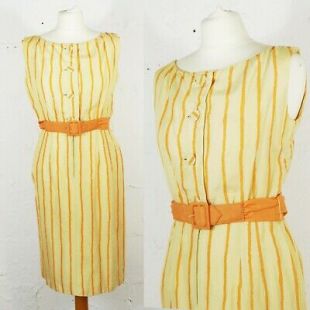 Vintage 1960s 70s Striped Buttercup Yellow Midi Pencil Dress - UK 8 - Waist 26"