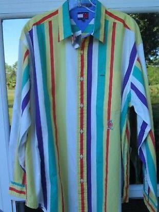 Vintage Tommy Hilfiger Cotton Rainbow Striped Crest Casual Shirt Medium NWT NEW