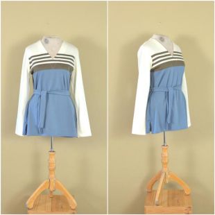 blouse de bloc de couleur vintage / / pull à rayures bleu, marron + crème / / 1970 s ceinturée pull col en v / / tunique jantzen seventies / / large