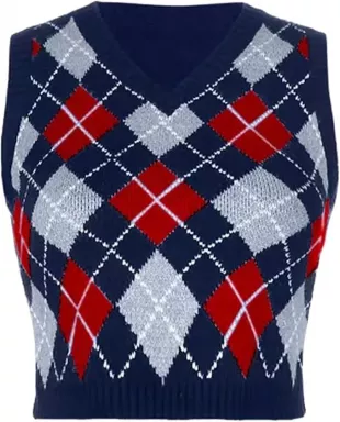 Women's V Neck Knit Sweater Vest Argyle Plaid Preppy Style Sleeveless Crop Tank Y2K Streetwear for Girl