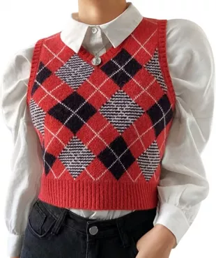 Women's Sweater Vest,Y2K Sleeveless Pattern Preppy Style Knitted Crop Tank Top for Girl