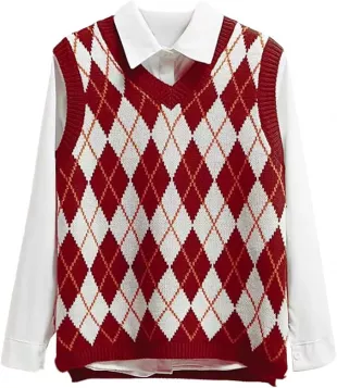 Sweater Vest Women,Sleeveless V Neck Argyle Plaid Long Preppy Loose Knitted Casual School Sweaters Tank Top
