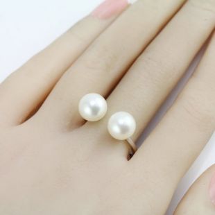 Anneau de midi, anneau de perle double, perle ouverte d’anneau d’argent sterling, forme ronde d’eau douce cultivée deux anneau de perles