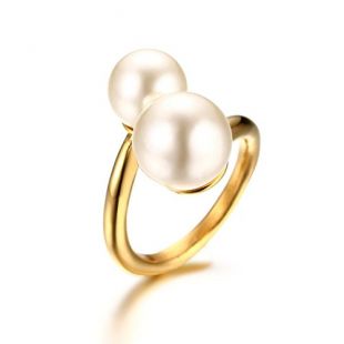 PJ Jewelry Gold Plated Stainless Steel Double Simulated Pearl Large Statement Wrap Ring for Women,Size 7