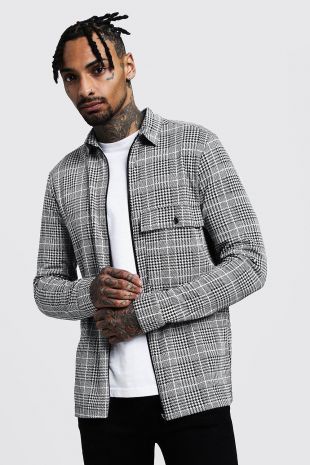 Boohoo - Check Jacquard Utility Coach Zip Shirt Jacket | boohooMAN