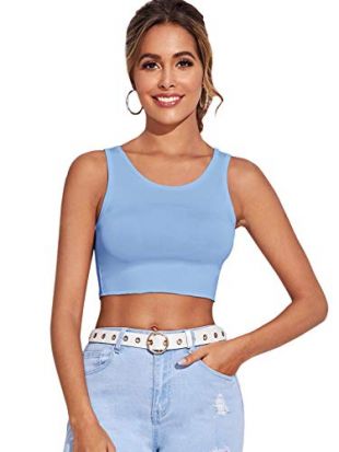 SheIn Women's Sleeveless Strappy Ribbed Knit Basic Cotton Crop Tank Top #Light Blue X-Large