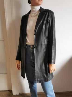 Vintage 100% leather jacket, long leather coat, black leather coat, vintage women leather coat, black women leather jacket, genuine