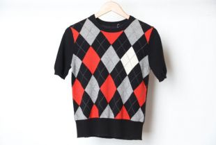 vintage CASHMERE argyle short sleeve SWEATER vest top -- made by SAKS Fifth Avenue -- size small mid century sweater top