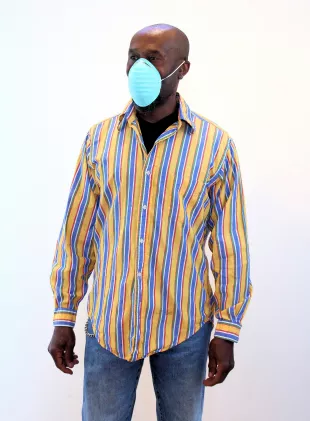 Vintage Men's Mustard Yellow Blue Bar Striped Button Up