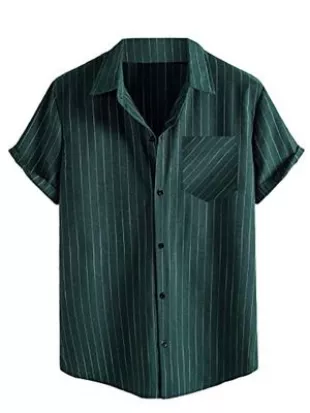 Men's Striped Shirts Casual Short Sleeve Button Down Shirts Blackish Green L