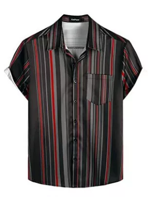 Striped Summer Shirts Casual Button Down Short Sleeve Beach Stylish Shirts Small BlackRed Stripes