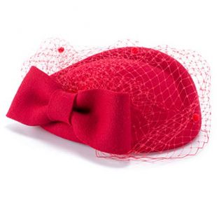 Lady Womens Dress Fascinator Wool Felt Pillbox Hat Party Wedding Bow Veil A082 (Red)