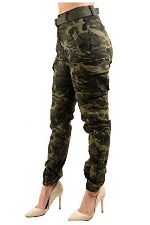 Women's High Waist Slim Fit Jogger Cargo Camo Pants for Women with Matching Belt - Large, Army Olive